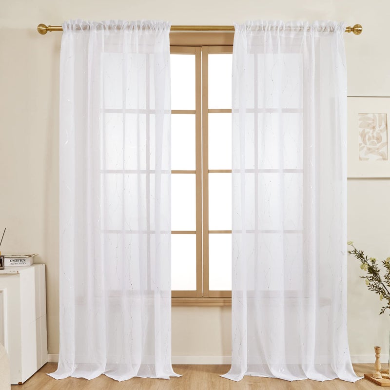 Deconovo Sheer Curtains - Voile Curtains Rod Pocket - Voile Sheer Drapes, 2 Panels for Living Room, White & Silver, 52W X 72L - Image 2